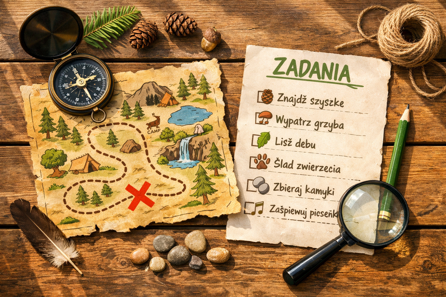 Przygotowanie do gry w podchody - mapa, kompas i zadania na stole